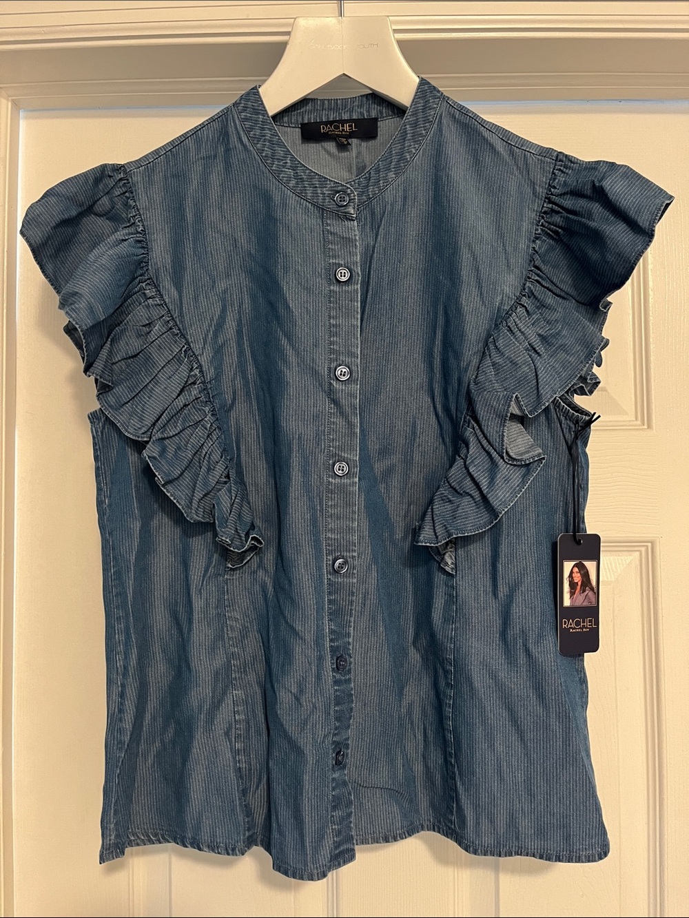 RACHEL Rachel Roy Blue Ruffle Sleeve Button-Front Blouse